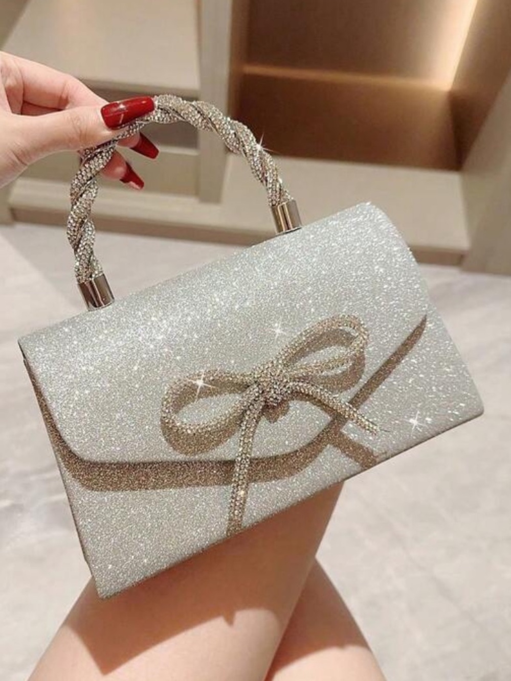 Silver Glitter Mini Top-Handle Bag with Bow Accent